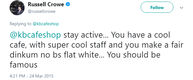 Russell Crowe tweet KB Cafe